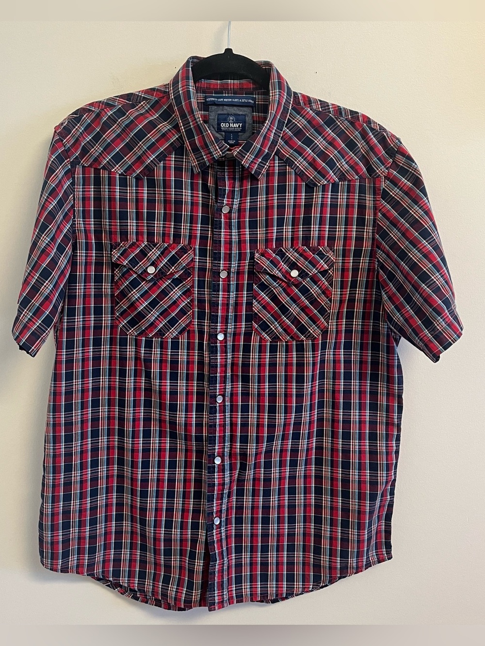 Mens Western Button Snap Shirt Plaid Red and Navy Plaid Short-Sleeve Large